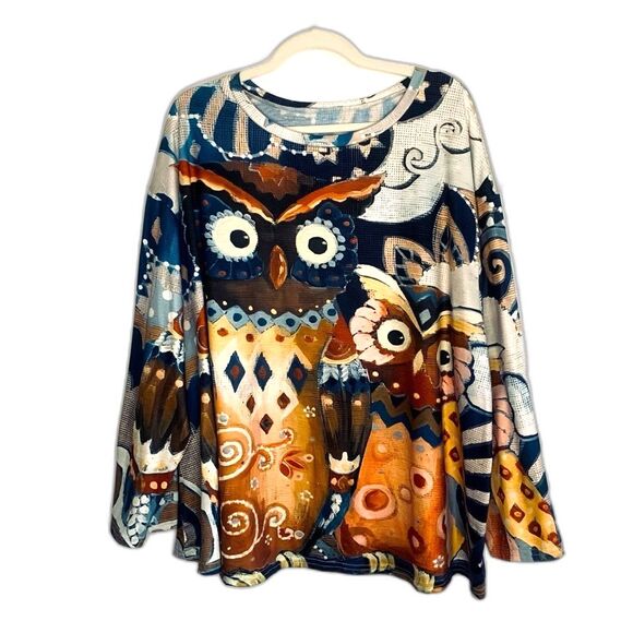 Whimsical Owl Print Pullover Top Sz 5X Artsy Cute Fun Bird Lover Colorful Boho - Picture 1 of 5